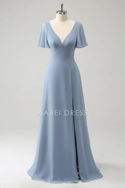 AABEI DRESS Formal Women's Dresses A Line V-Neck Flutter Sleeves Side Fork Hollow Out Back Elegant Long Prom Dress