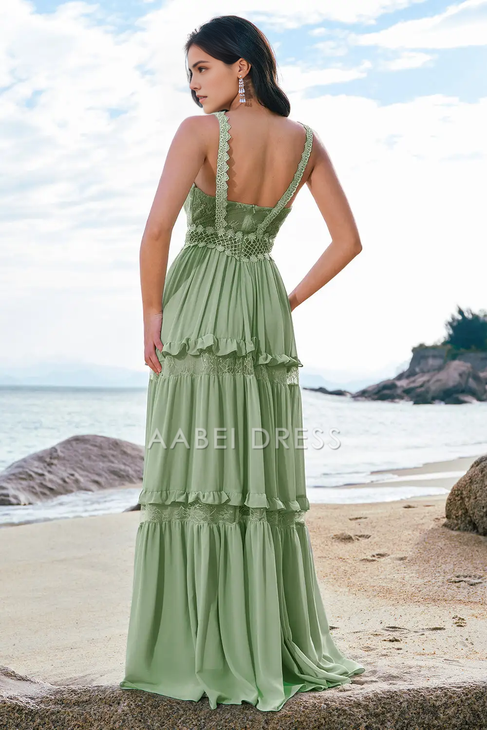 AABEI DRESS Formal Women's Dresses A Line V Neck Ruffled Backless Floral Lace Bohemia Long Prom Dress