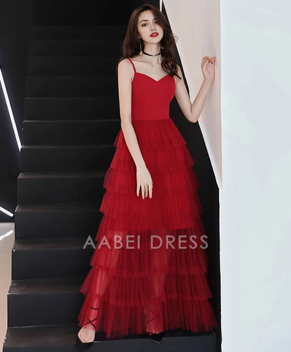 AABEI DRESS Formal Women's Dresses A Line V Neck Spaghetti Strap Layering Ruched Backless Fashion Red Prom Dress