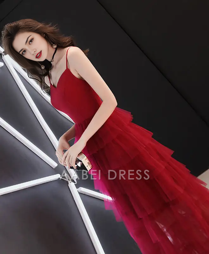 AABEI DRESS Formal Women's Dresses A Line V Neck Spaghetti Strap Layering Ruched Backless Fashion Red Prom Dress