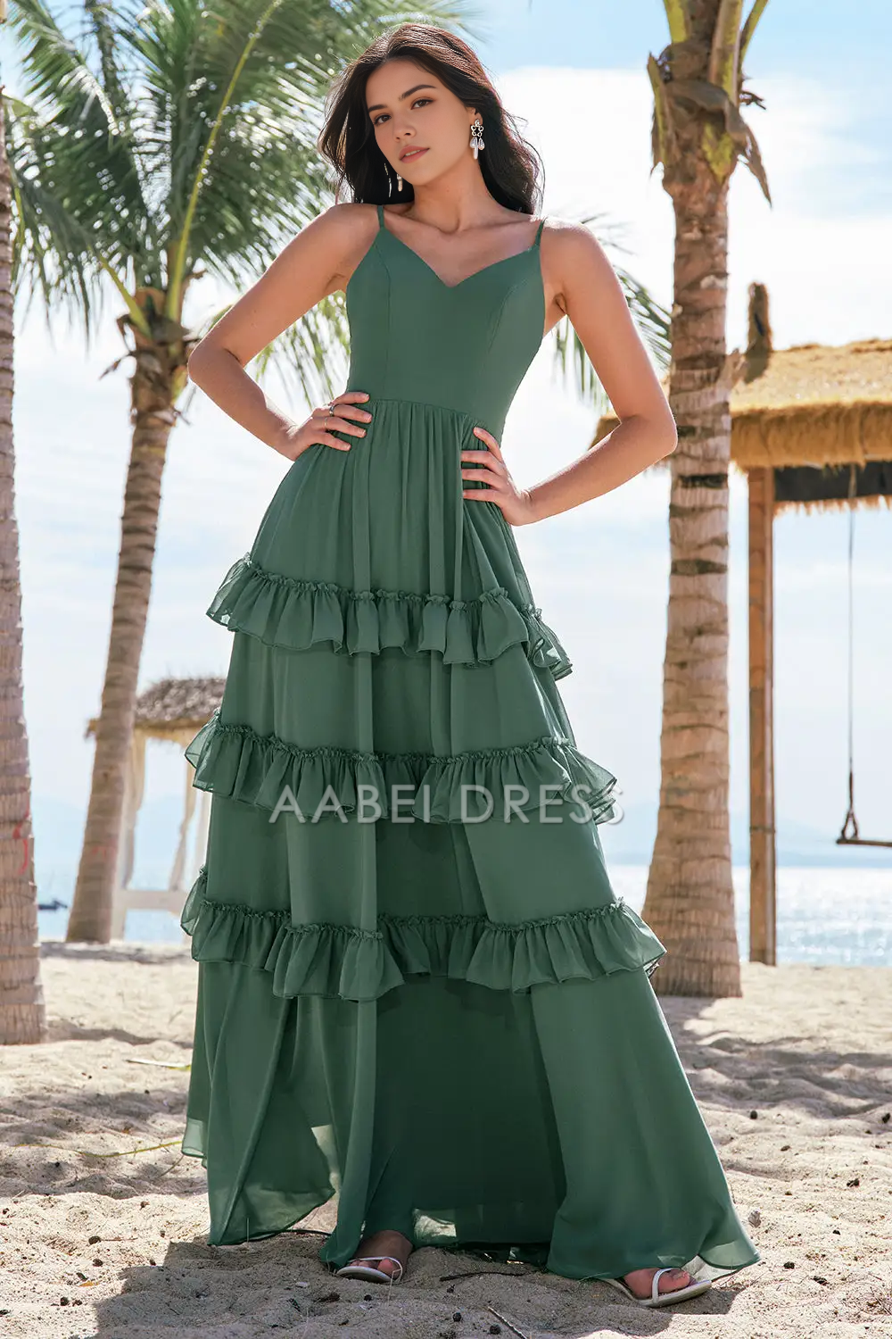 AABEI DRESS Formal Women's Dresses A Line V Neck Spaghetti Straps Backless Layering Ruffles Exquisite Long Prom Dress