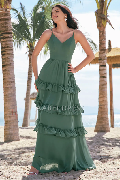 AABEI DRESS Formal Women's Dresses A Line V Neck Spaghetti Straps Backless Layering Ruffles Exquisite Long Prom Dress