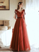 AABEI DRESS Formal Women's Dresses Brick Red A Line V Neck Ruched Tulle Graduation Dresses Fashion Long Prom Dress