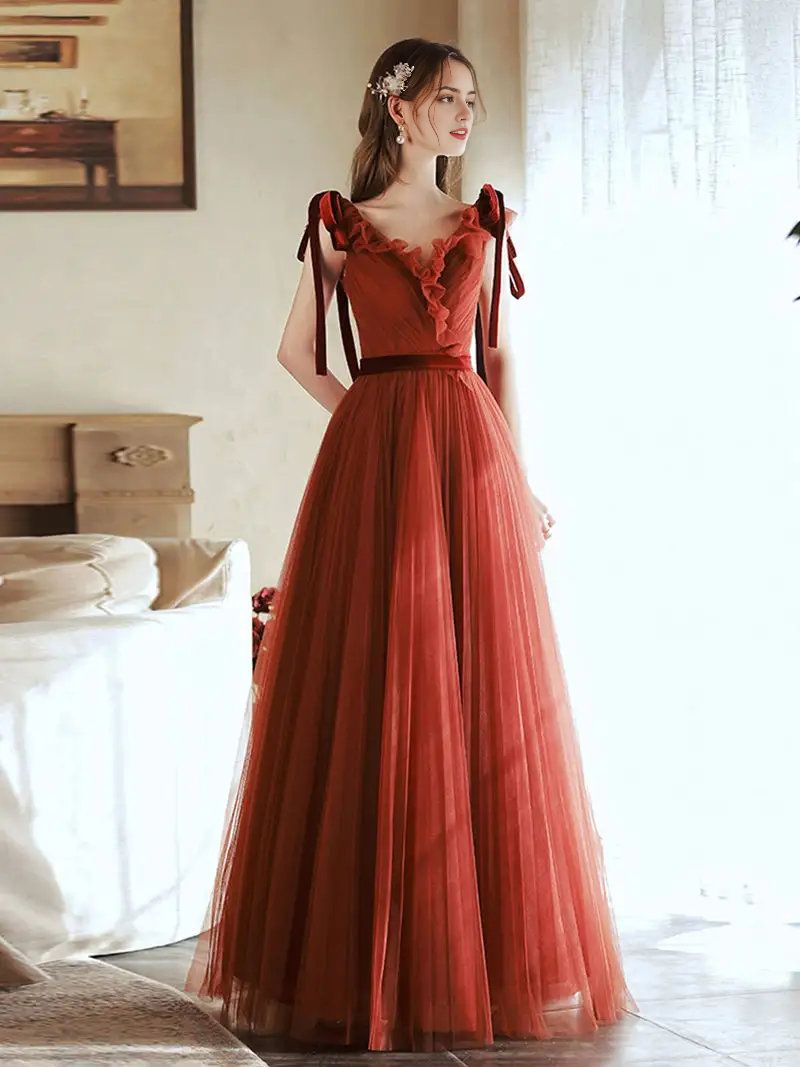 AABEI DRESS Formal Women's Dresses Brick Red A Line V Neck Ruched Tulle Graduation Dresses Fashion Long Prom Dress