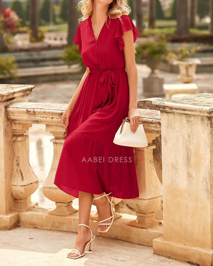 AABEI DRESS Formal Women's Dresses Evening A-Line V Neck Flutter Sleeves Bohemian Casual Wrap Ruffle Belt Pleated Hem Elegant Prom Dress
