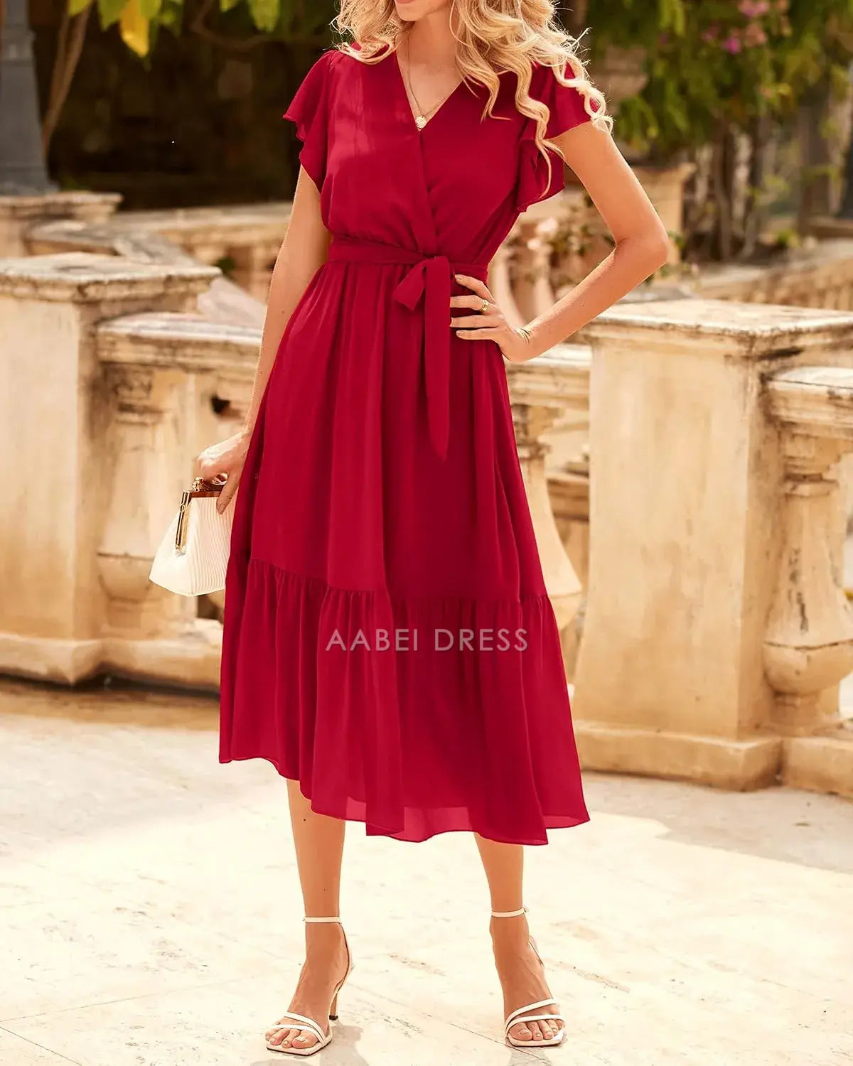 AABEI DRESS Formal Women's Dresses Evening A-Line V Neck Flutter Sleeves Bohemian Casual Wrap Ruffle Belt Pleated Hem Elegant Prom Dress