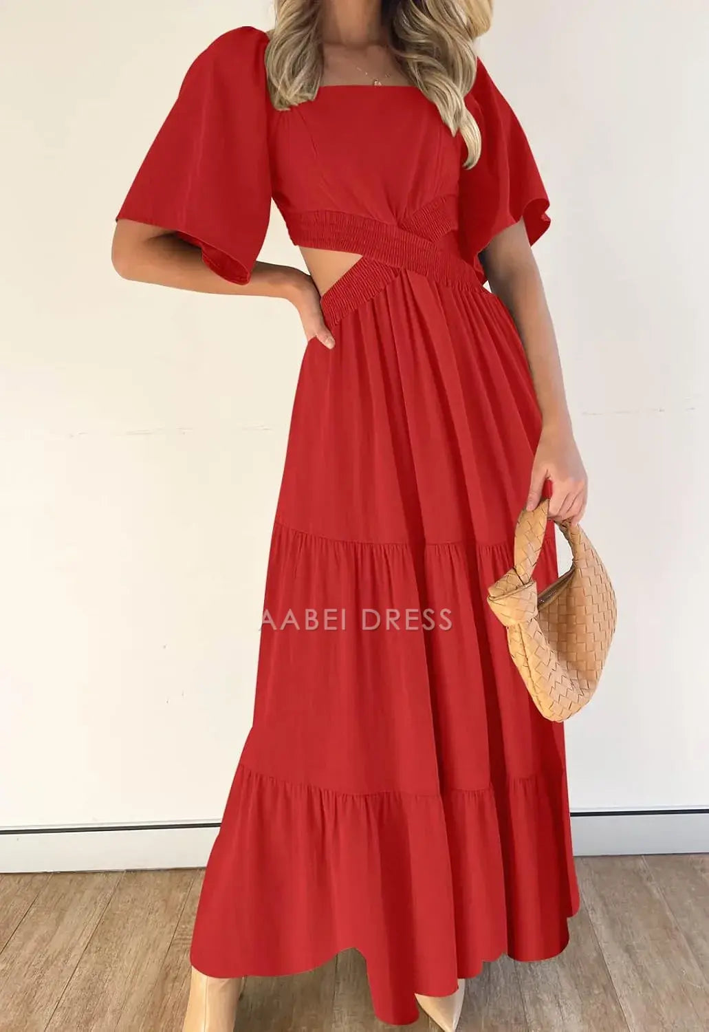 AABEI DRESS Formal Women's Dresses Evening A Line Square Neck Short Sleeve Cutout Maxi Dress  Crossover Waist Casual Party Dresses Prom Dress