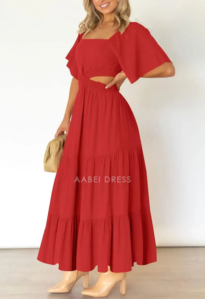 AABEI DRESS Formal Women's Dresses Evening A Line Square Neck Short Sleeve Cutout Maxi Dress  Crossover Waist Casual Party Dresses Prom Dress