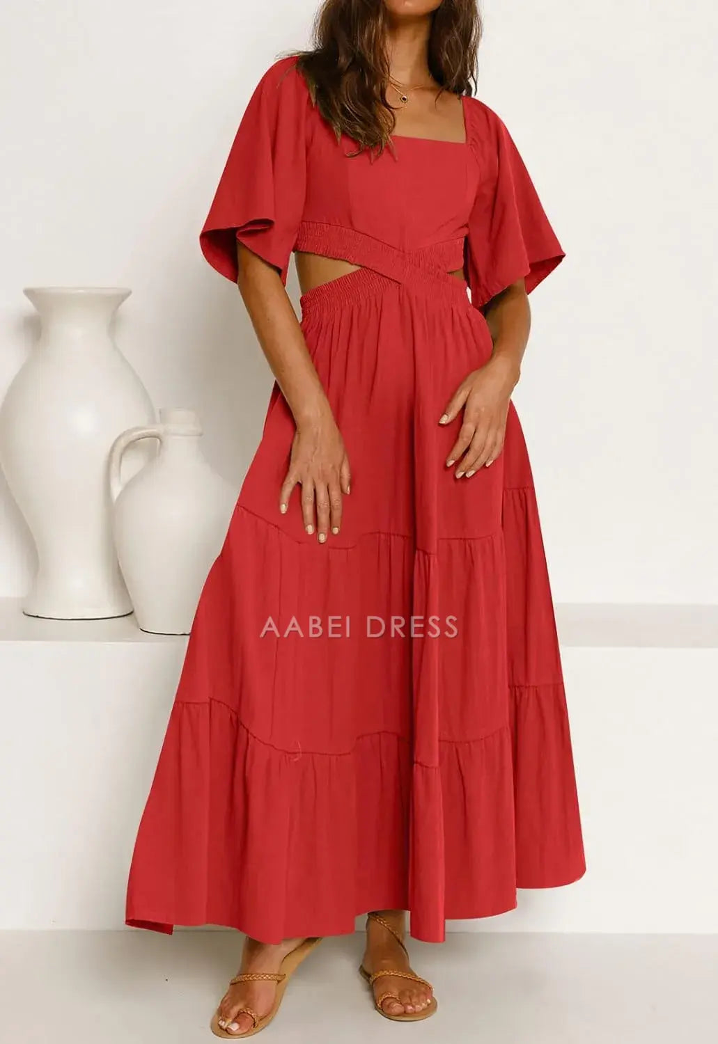 AABEI DRESS Formal Women's Dresses Evening A Line Square Neck Short Sleeve Cutout Maxi Dress  Crossover Waist Casual Party Dresses Prom Dress