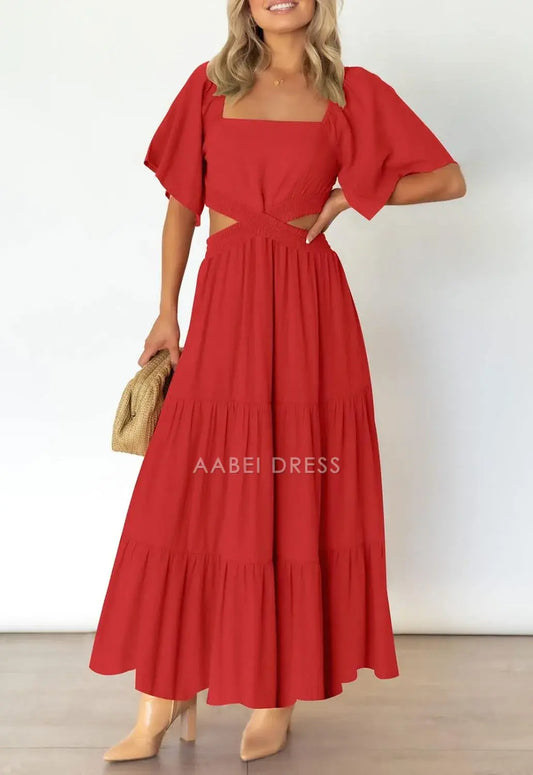 AABEI DRESS Formal Women's Dresses Evening A Line Square Neck Short Sleeve Cutout Maxi Dress  Crossover Waist Casual Party Dresses Prom Dress