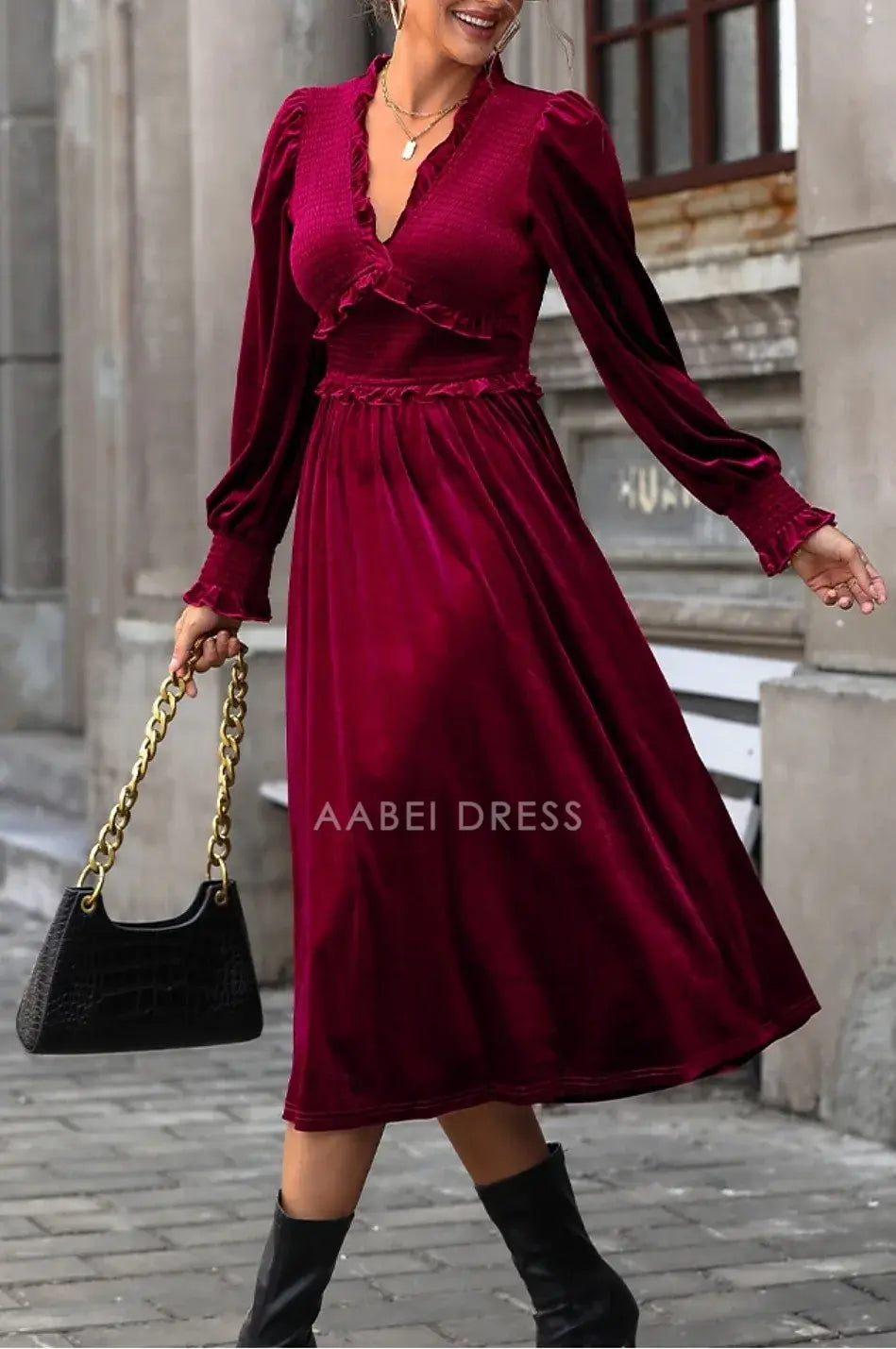 AABEI DRESS Formal Women's Dresses Evening A Line V-Neck Long Sleeve Ruched Bohemian Evening Party Elegant Prom Dress