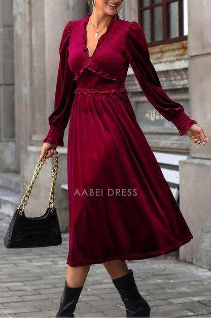 AABEI DRESS Formal Women's Dresses Evening A Line V-Neck Long Sleeve Ruched Bohemian Evening Party Elegant Prom Dress