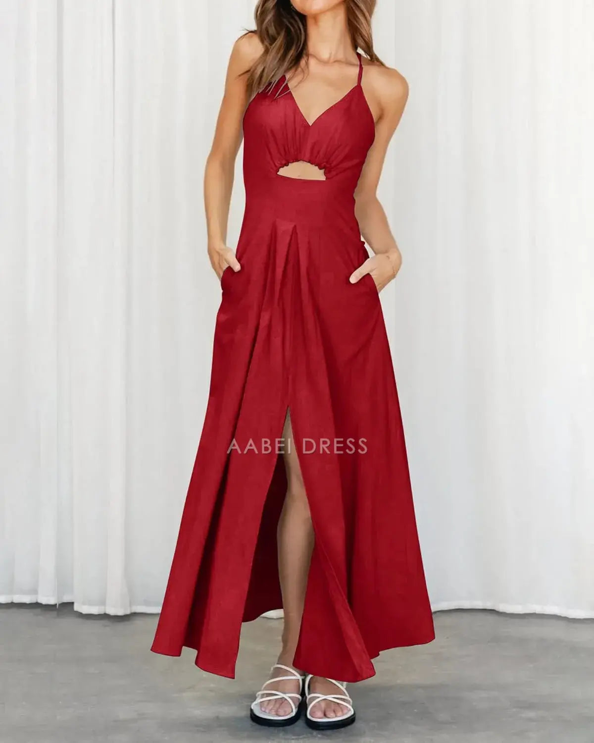 AABEI DRESS Formal Women's Dresses Evening A Line V Neck Spaghetti Strap Sleeveless Cutout Slit Casual Simple Beach Prom Dress