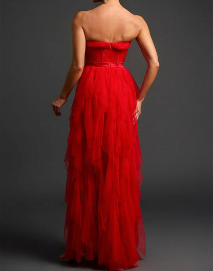 AABEI DRESS Formal Women's Dresses Evening Gown Cut Out Dress Floor Length Sleeveless Strapless Backless with Layering Ruffles Slit Red Prom Dress