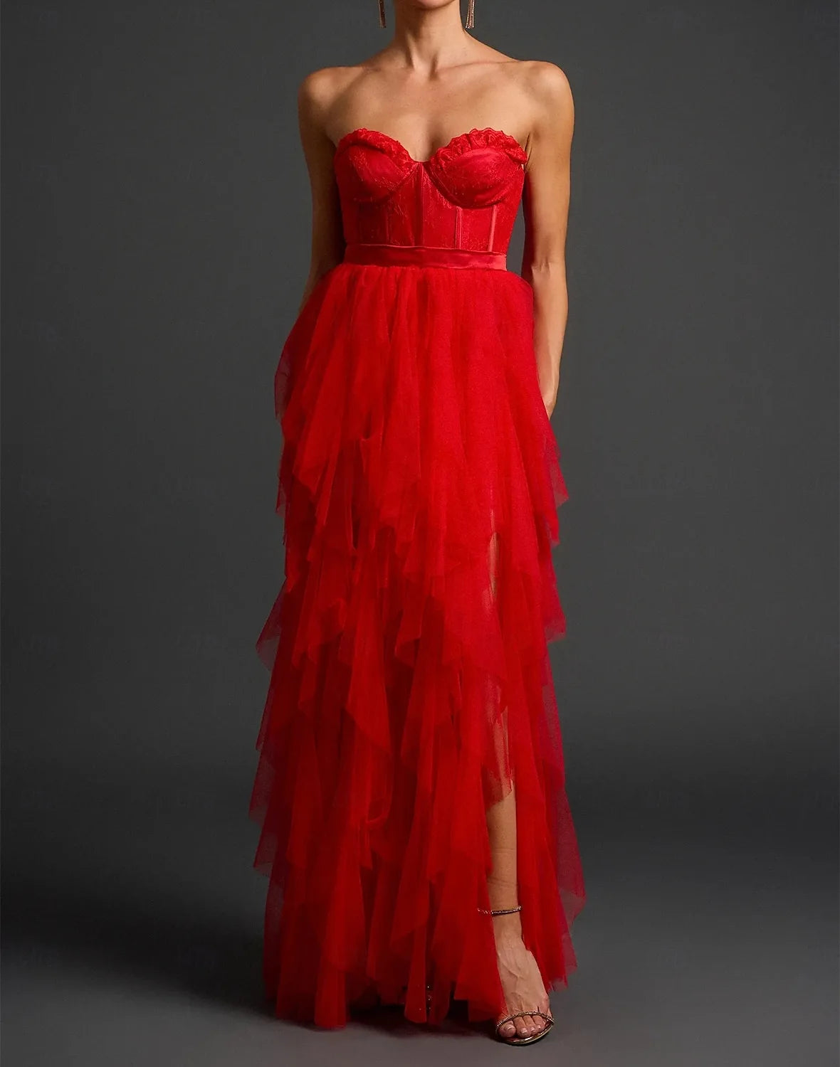 AABEI DRESS Formal Women's Dresses Evening Gown Cut Out Dress Floor Length Sleeveless Strapless Backless with Layering Ruffles Slit Red Prom Dress