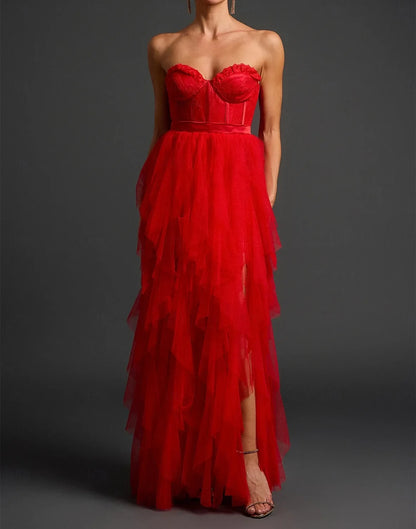 AABEI DRESS Formal Women's Dresses Evening Gown Cut Out Dress Floor Length Sleeveless Strapless Backless with Layering Ruffles Slit Red Prom Dress