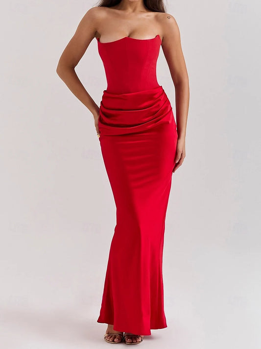 AABEI DRESS Formal Women's Dresses Evening Mermaid Strapless Pleated Fashion Red Prom Dress