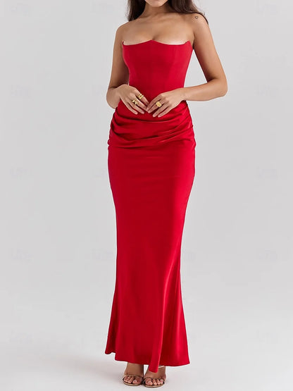 AABEI DRESS Formal Women's Dresses Evening Mermaid Strapless Pleated Fashion Red Prom Dress