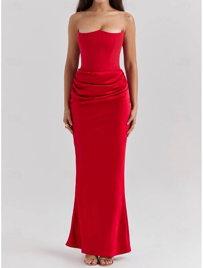 AABEI DRESS Formal Women's Dresses Evening Mermaid Strapless Pleated Fashion Red Prom Dress