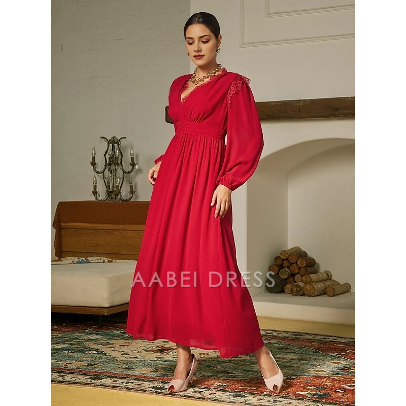 AABEI DRESS Formal Women's Dresses Evening Red A Line V Neck Long sleeves Pleated Lace Party Maxi Dress Exquisite Prom Dress