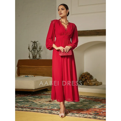 AABEI DRESS Formal Women's Dresses Evening Red A Line V Neck Long sleeves Pleated Lace Party Maxi Dress Exquisite Prom Dress