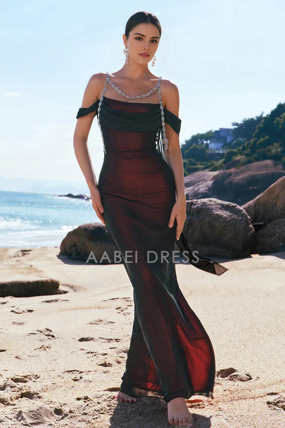 AABEI DRESS Formal Women's Dresses Exquisite Mermaid Cold Shoulder Pleated Beadwork Sparkly Long Prom Dress