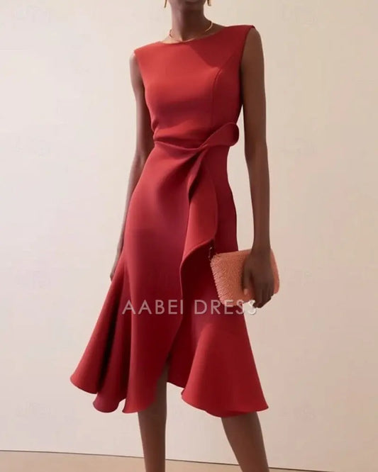 AABEI DRESS Formal Women's Dresses Fashion Fit Plain Sleeveless Crew Neck Ruched Elegant Red Prom Dress