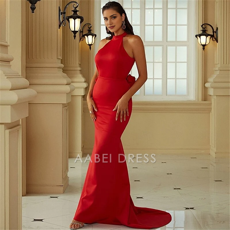AABEI DRESS Formal Women's Dresses Mermaid Sleeveless Halter Neck Backless With Flowers Sweep Train Exquisite Red Prom Dress