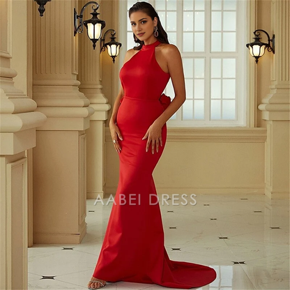 AABEI DRESS Formal Women's Dresses Mermaid Sleeveless Halter Neck Backless With Flowers Sweep Train Exquisite Red Prom Dress