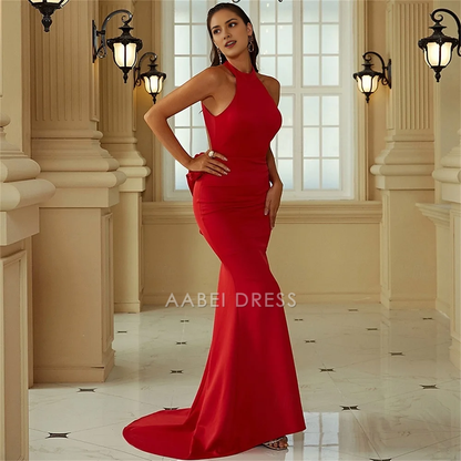 AABEI DRESS Formal Women's Dresses Mermaid Sleeveless Halter Neck Backless With Flowers Sweep Train Exquisite Red Prom Dress