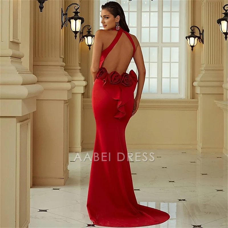 AABEI DRESS Formal Women's Dresses Mermaid Sleeveless Halter Neck Backless With Flowers Sweep Train Exquisite Red Prom Dress