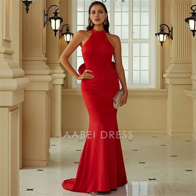 AABEI DRESS Formal Women's Dresses Mermaid Sleeveless Halter Neck Backless With Flowers Sweep Train Exquisite Red Prom Dress