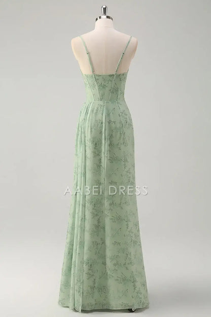 AABEI DRESS Formal Women's Dresses Sheath Corset Spaghetti Strap Pleated Floral Print With Slit Elegant Long Prom Dress
