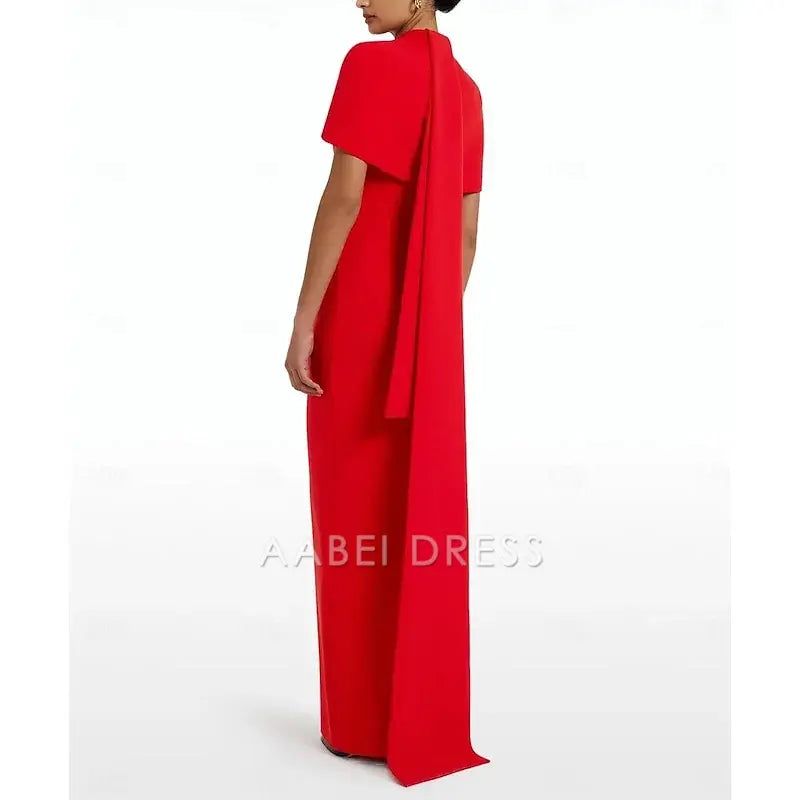 AABEI DRESS Formal Women's Dresses Sheath Sleeveless Jewel Neck Evening Gown Elegant Sweep Train Crepe with Bow(s) Red Prom Dress