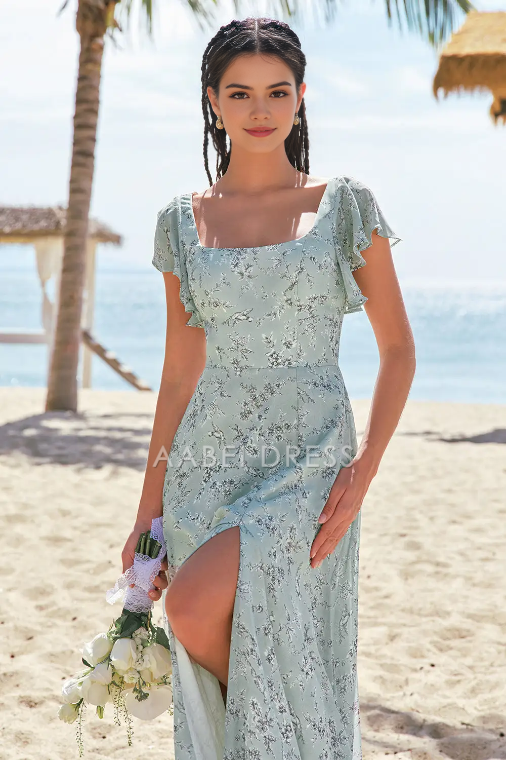 AABEI DRESS Formal Women's Dresses Sheath Square Neck Flutter Sleeves Floral Printed With Slit Fashion Prom Dress