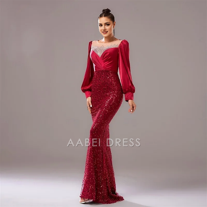 AABEI DRESS Formal Women's Dresses Sparkle Evening Dress Mermaid Long Sleeves Sequin Gorgeous Red Prom Dress
