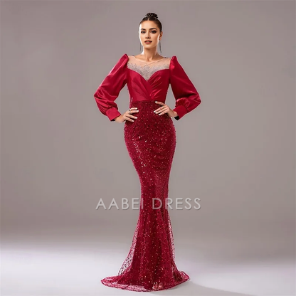 AABEI DRESS Formal Women's Dresses Sparkle Evening Dress Mermaid Long Sleeves Sequin Gorgeous Red Prom Dress