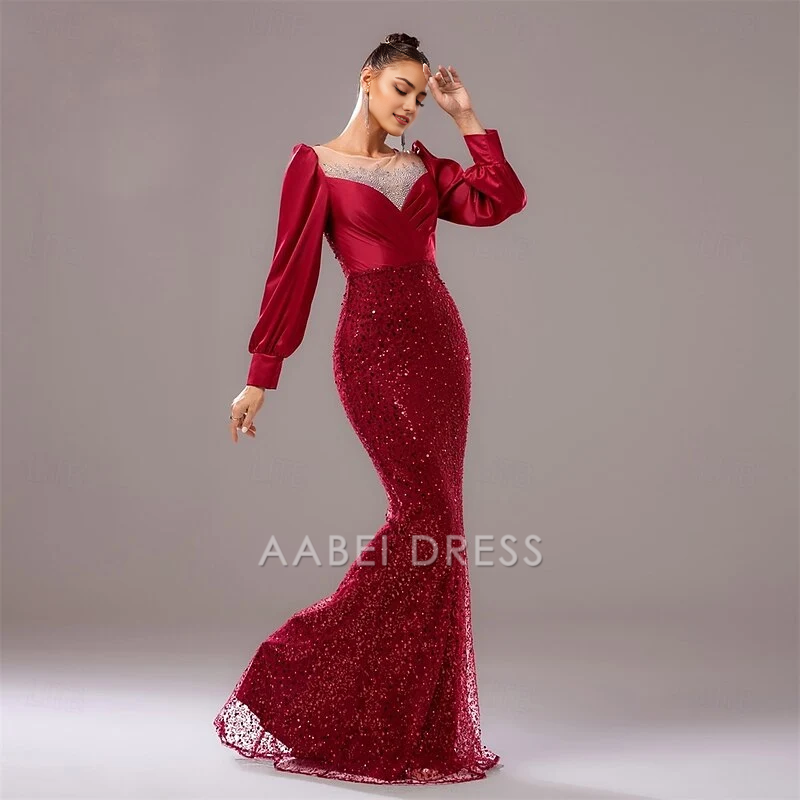 AABEI DRESS Formal Women's Dresses Sparkle Evening Dress Mermaid Long Sleeves Sequin Gorgeous Red Prom Dress