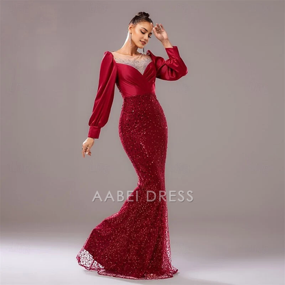 AABEI DRESS Formal Women's Dresses Sparkle Evening Dress Mermaid Long Sleeves Sequin Gorgeous Red Prom Dress