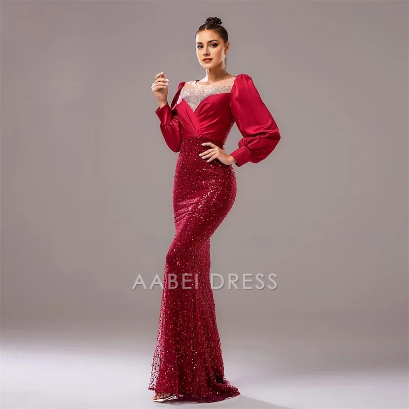 AABEI DRESS Formal Women's Dresses Sparkle Evening Dress Mermaid Long Sleeves Sequin Gorgeous Red Prom Dress