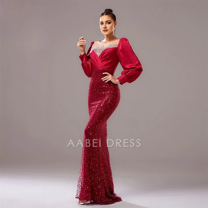 AABEI DRESS Formal Women's Dresses Sparkle Evening Dress Mermaid Long Sleeves Sequin Gorgeous Red Prom Dress