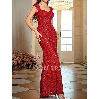 AABEI DRESS Formal Women's Dresses Sparkle Mermaid Sleeveless Sweetheart Elegant Floor Length Sequin Red Prom Dress