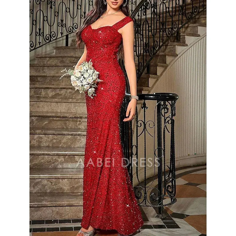 AABEI DRESS Formal Women's Dresses Sparkle Mermaid Sleeveless Sweetheart Elegant Floor Length Sequin Red Prom Dress
