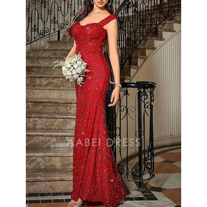 AABEI DRESS Formal Women's Dresses Sparkle Mermaid Sleeveless Sweetheart Elegant Floor Length Sequin Red Prom Dress