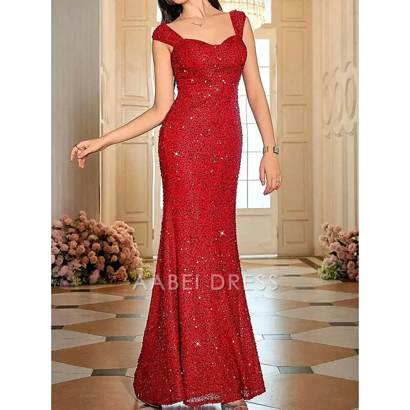 AABEI DRESS Formal Women's Dresses Sparkle Mermaid Sleeveless Sweetheart Elegant Floor Length Sequin Red Prom Dress