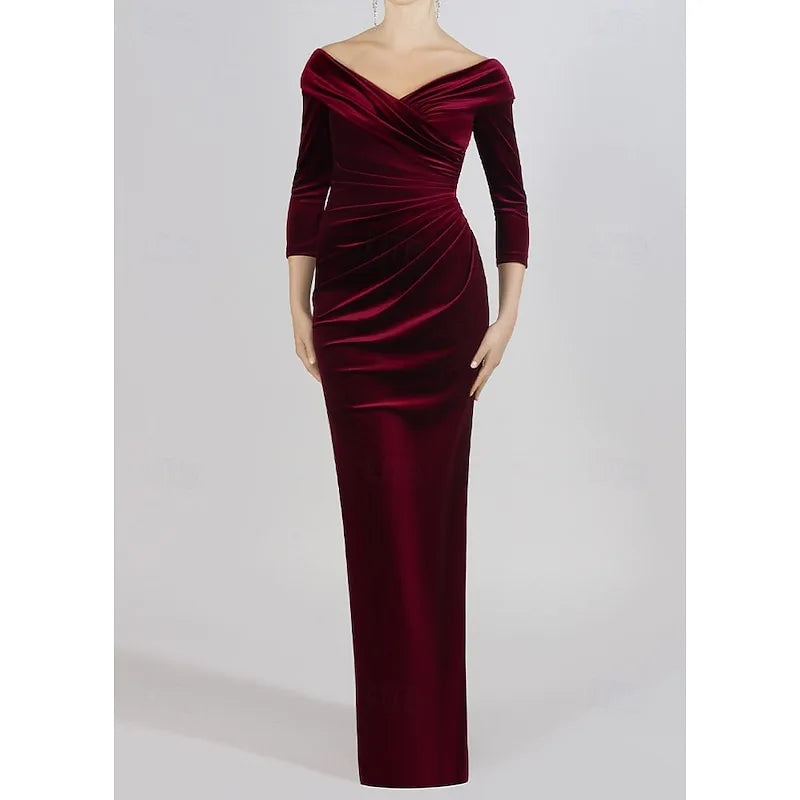 AABEI DRESS Formal Women's Dresses Velvet Mermaid 3/4 Sleeve Off Shoulder Evening Gown Elegant Floor Length Ruched Prom Dress