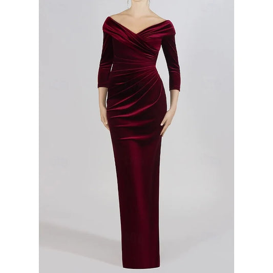 AABEI DRESS Formal Women's Dresses Velvet Mermaid 3/4 Sleeve Off Shoulder Evening Gown Elegant Floor Length Ruched Prom Dress