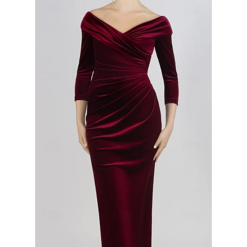 AABEI DRESS Formal Women's Dresses Velvet Mermaid 3/4 Sleeve Off Shoulder Evening Gown Elegant Floor Length Ruched Prom Dress