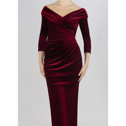 AABEI DRESS Formal Women's Dresses Velvet Mermaid 3/4 Sleeve Off Shoulder Evening Gown Elegant Floor Length Ruched Prom Dress