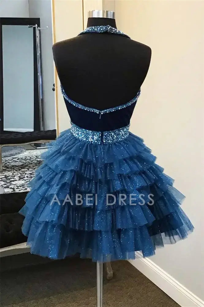 AABEI DRESS Gorgeous A Line Halter Deep V Neck Beaded Backless Layering Ruffled Fashion Hot Sale Short Homecoming Dress